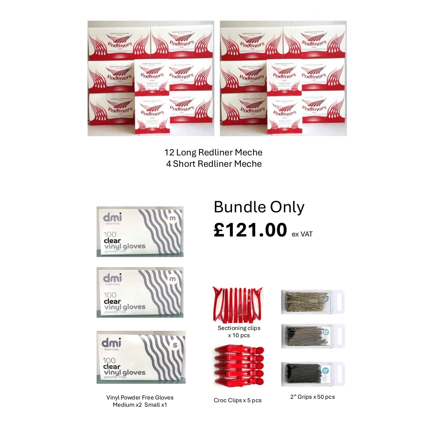 12 Long & 4 Short Redliners Meche with Vinyl Gloves Bundle